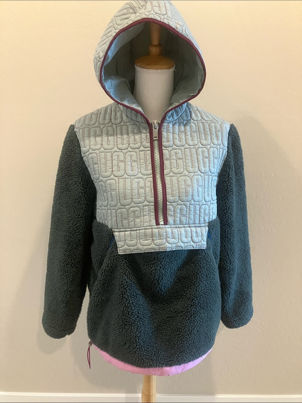 UGG Quilted Light Blue Hooded Pullover with Charcoal Sherpa